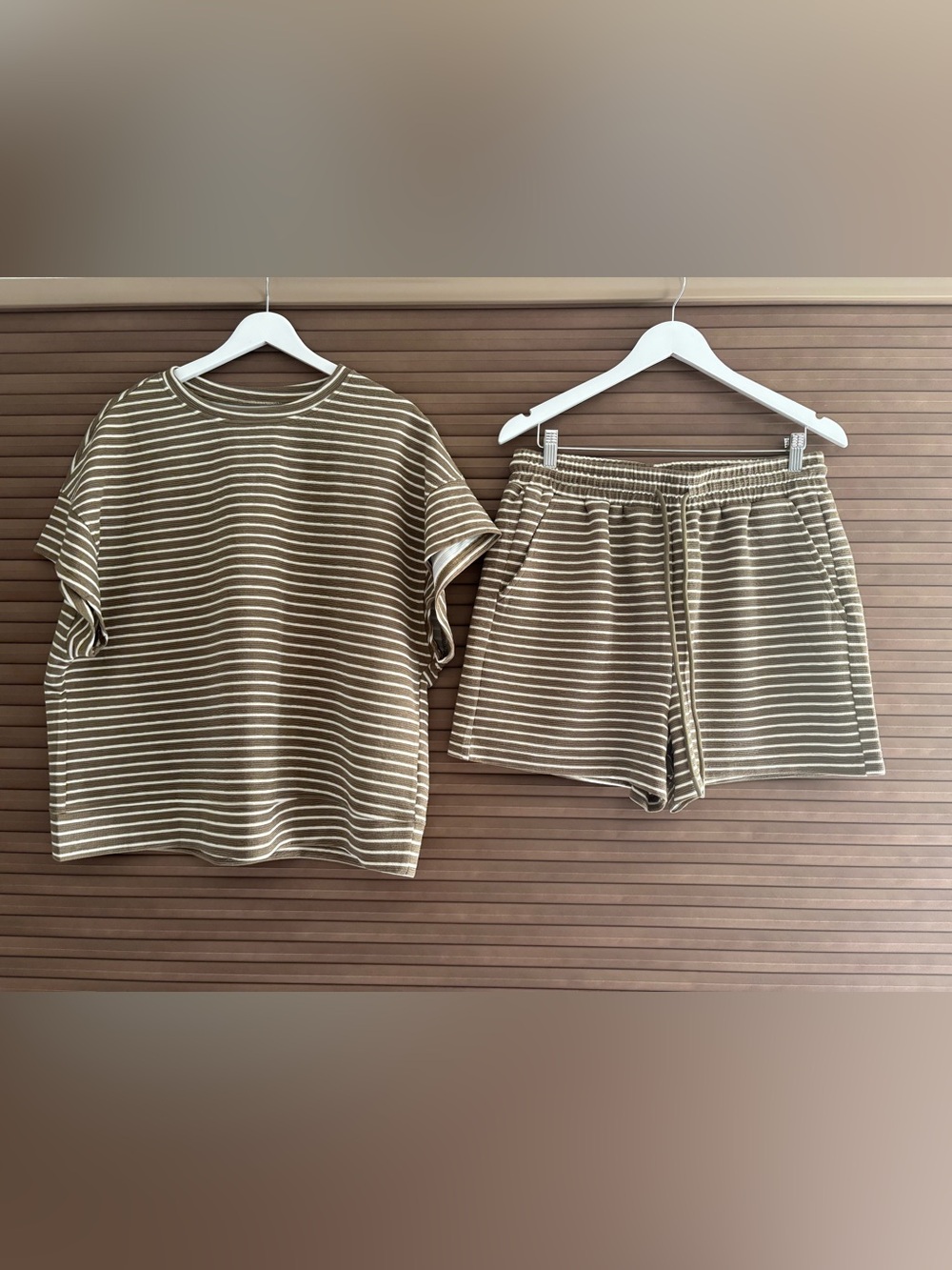 NWOT Striped Olive Green  Set - Short Sleeve Top & Shorts